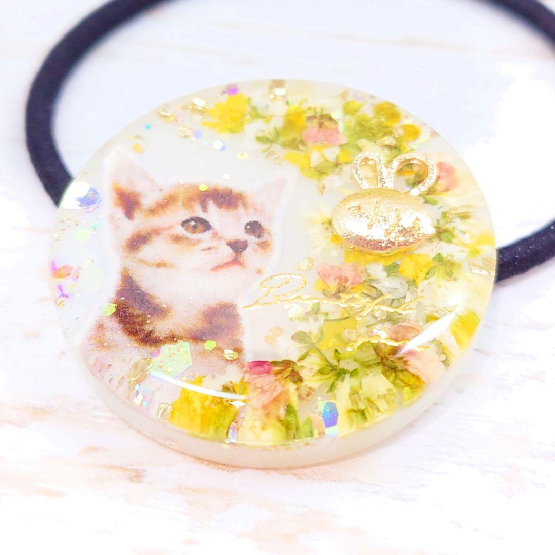 蜂さんと猫ちゃん♡ヘアゴム ハンドメイド レジン 押し花 ネックレス イエロー