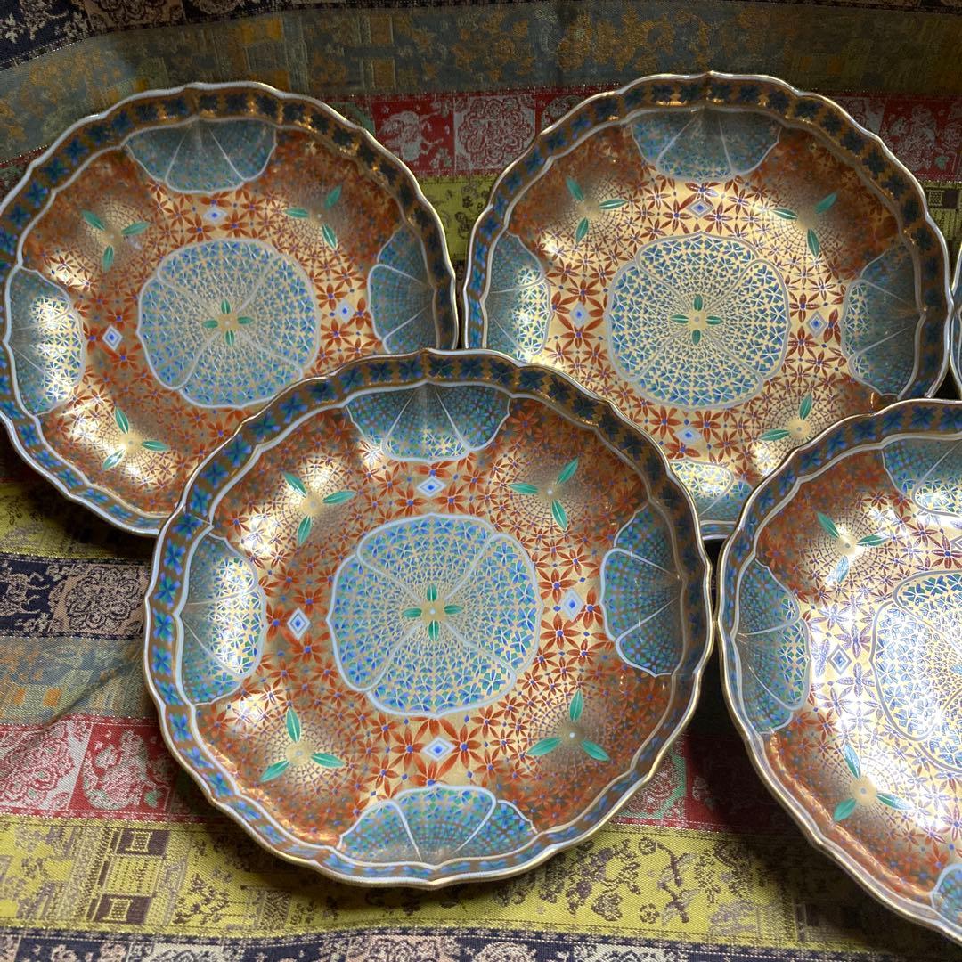 新品未使用　前畑陶器 庫山窯 金彩花紋5枚セット取り皿　￼14×2.8cm 箱付