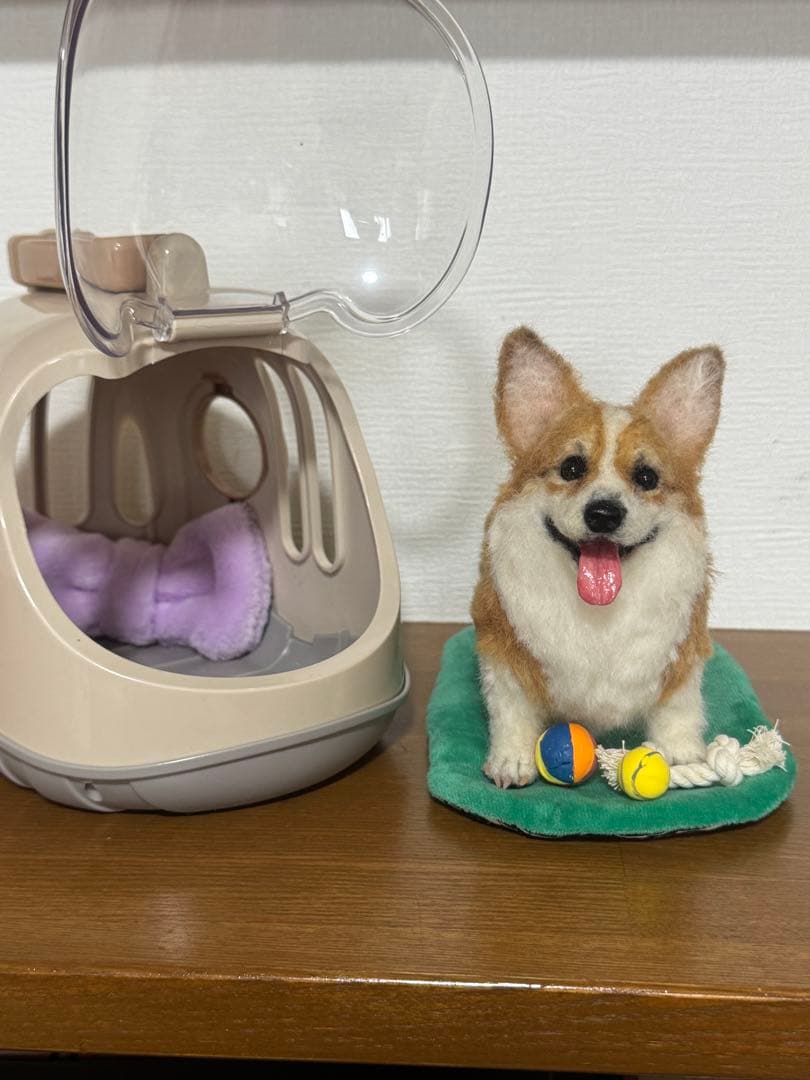 わたわたペット　羊毛フェルト作品　コーギー　キャリーケース、小物付き