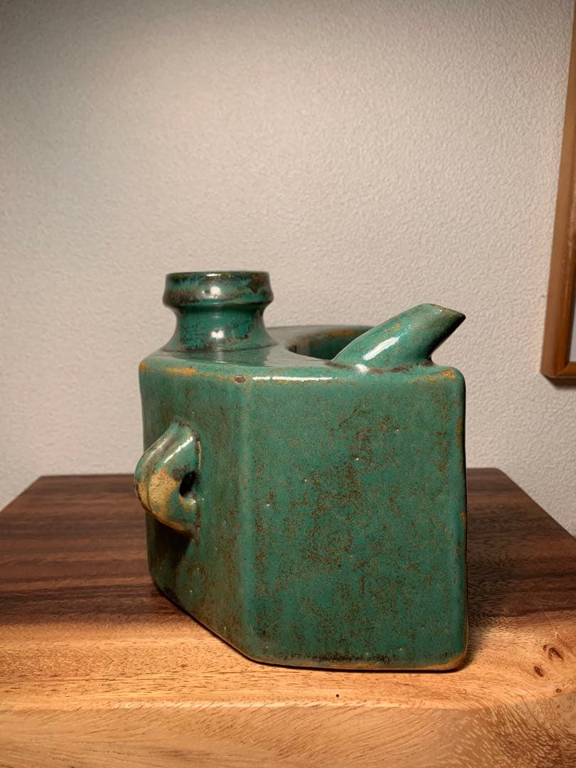 壺屋焼 抱瓶 大 面取 緑釉 やちむん 古作