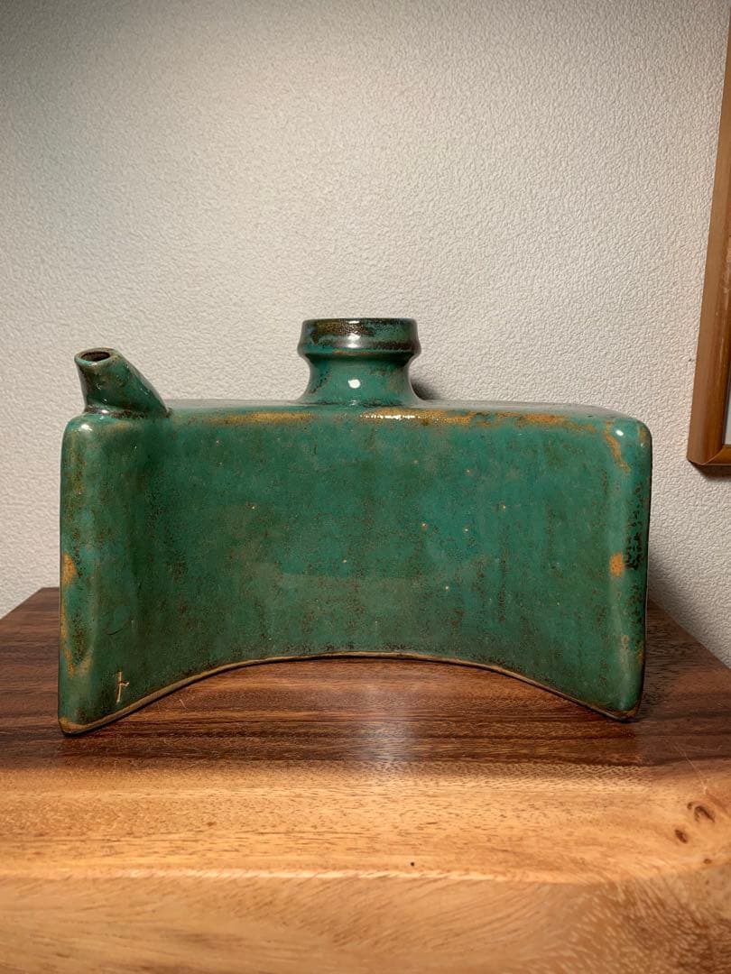 壺屋焼 抱瓶 大 面取 緑釉 やちむん 古作