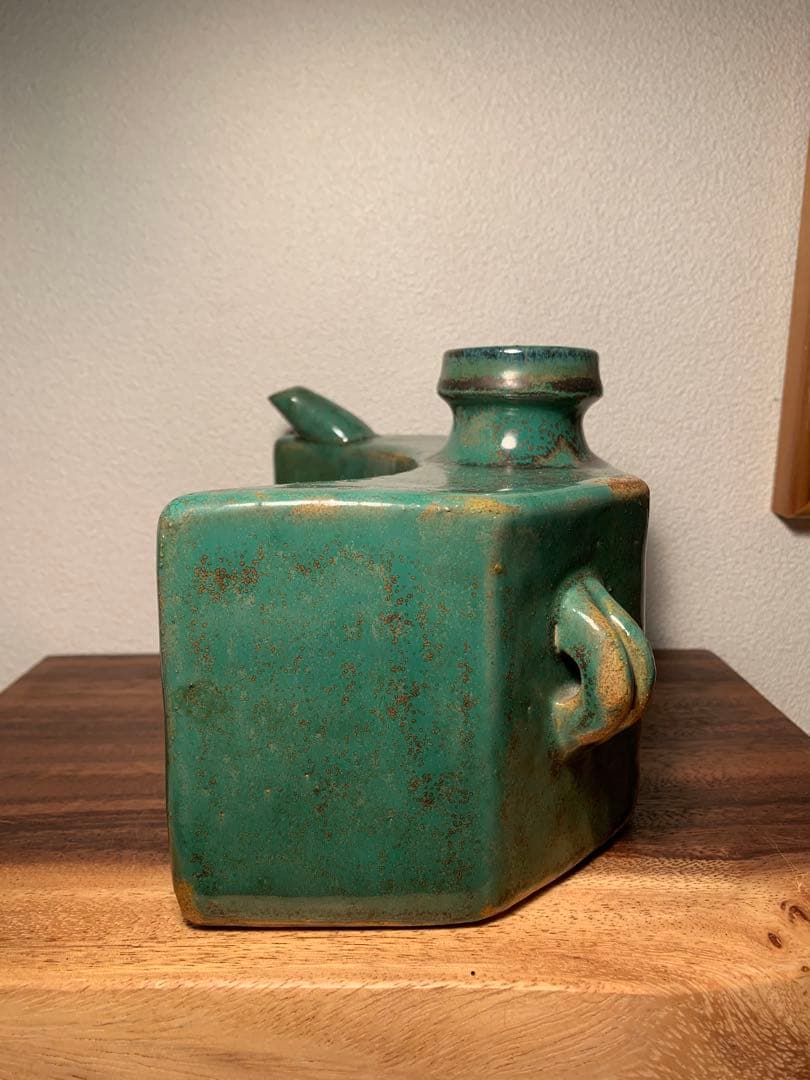 壺屋焼 抱瓶 大 面取 緑釉 やちむん 古作