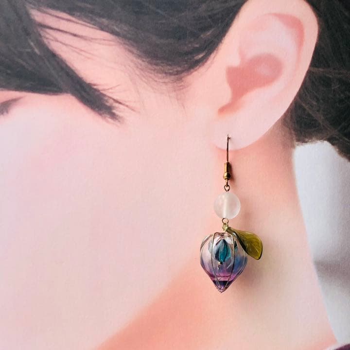 紅オレンジ鬼灯とブルー鬼灯の和風ピアス　イヤリングレジンワイヤーディップアート