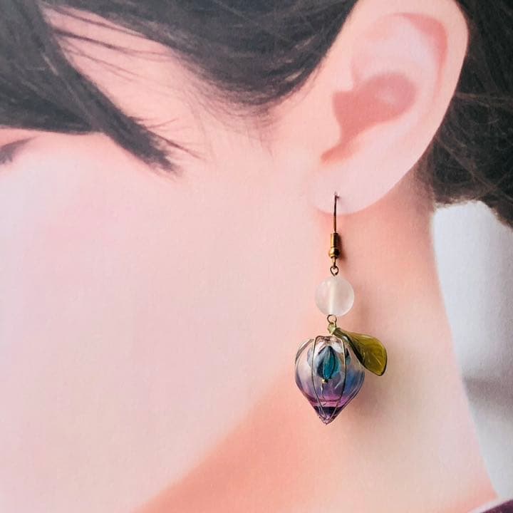 紅オレンジ鬼灯とブルー鬼灯の和風ピアス　イヤリングレジンワイヤーディップアート