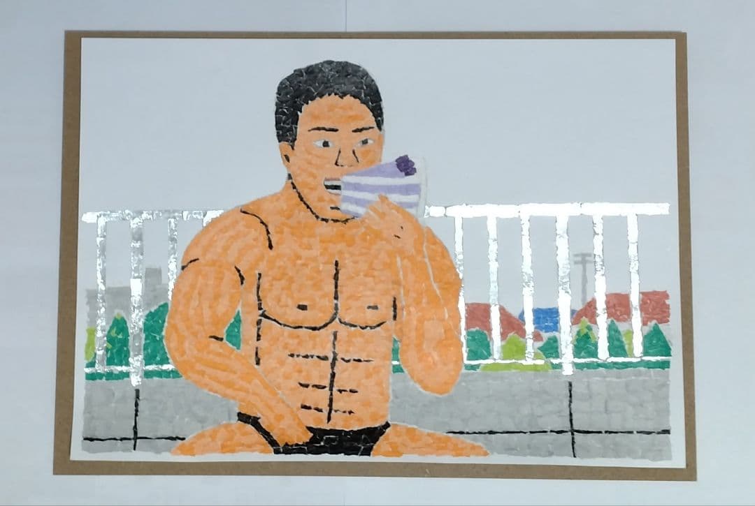 「ケーキを食べる野獣先輩」ちぎり絵、オリジナル、手作り作品、A4サイズ、芸術