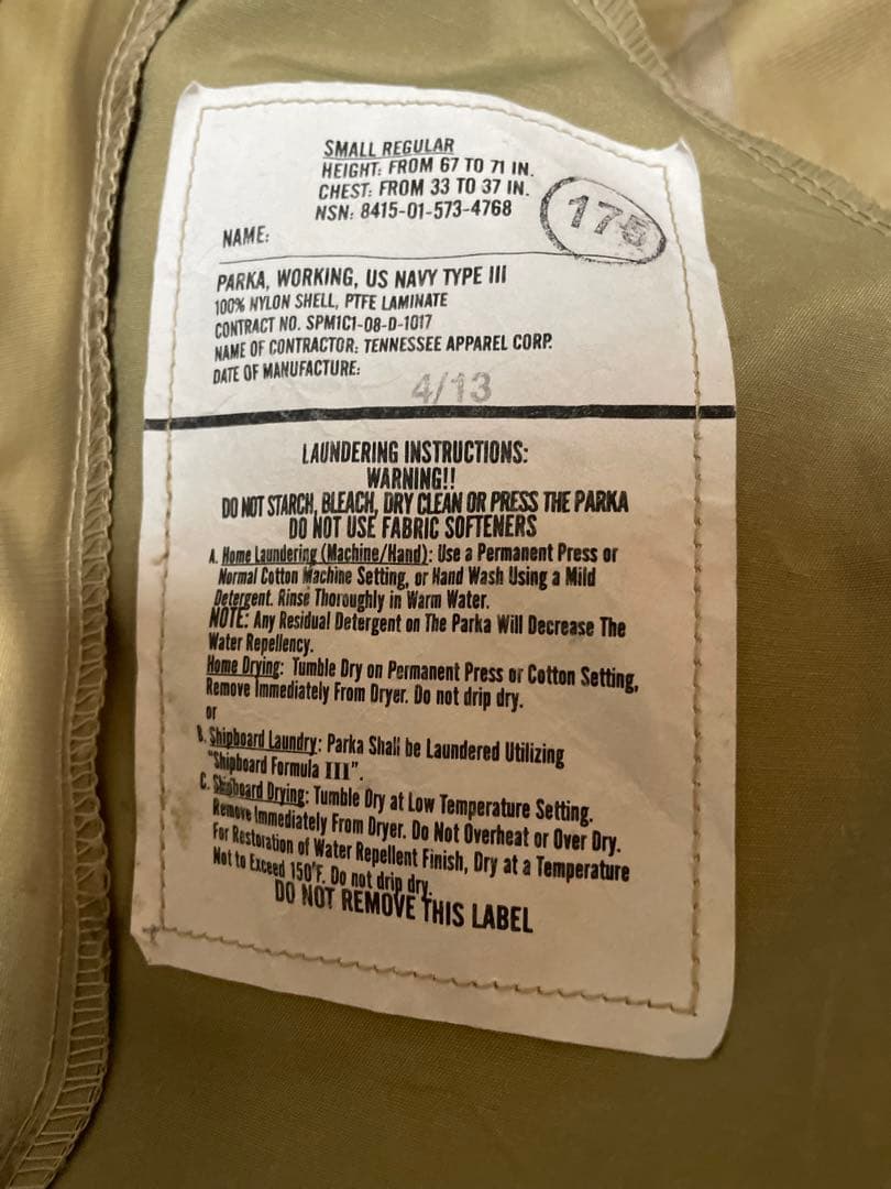 米軍実物 PARKA, WORKING, US NAVY TYPE III