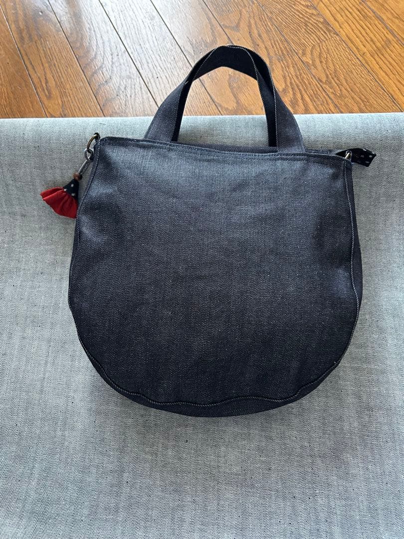 岡山デニムと古布　手作り　渦巻きギャザーフリルトートバッグ　ファスナーあき