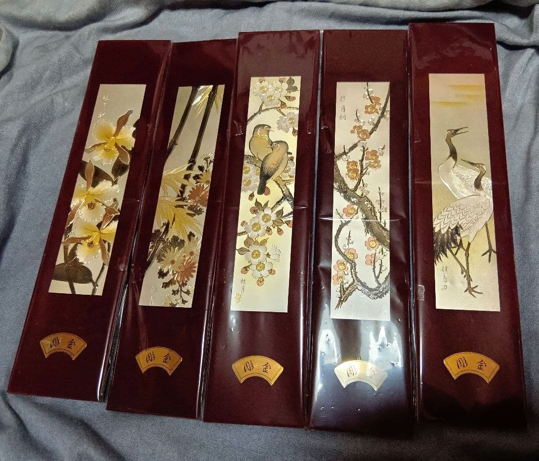 ☆５点セット☆〈彫金画　桂月刀☆蘭　菊　桜　梅　鶴〉伝統工芸品　短冊
