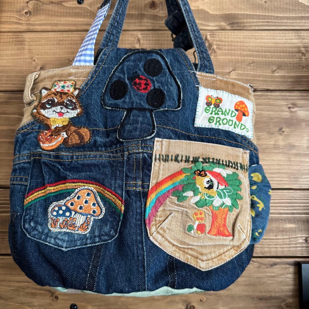 ハンドメイド デニムリメイク バッグ レトロアニマル 楕円底 49