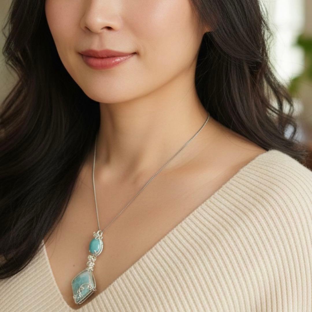 カリビアンブルー・カルサイトとターコイズ のワイヤージュエリー