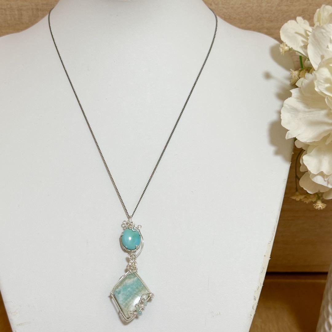 カリビアンブルー・カルサイトとターコイズ のワイヤージュエリー