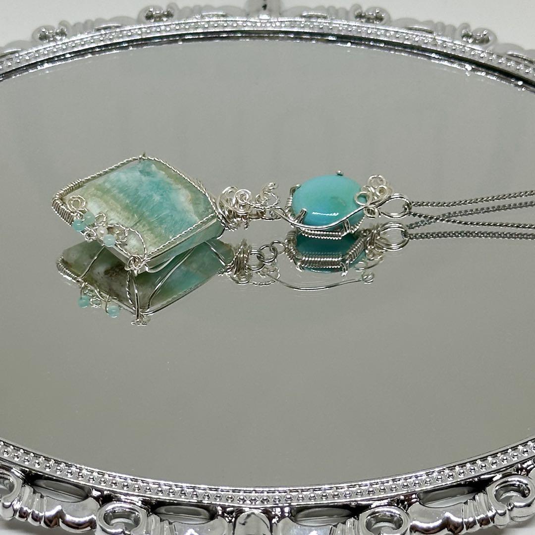 カリビアンブルー・カルサイトとターコイズ のワイヤージュエリー