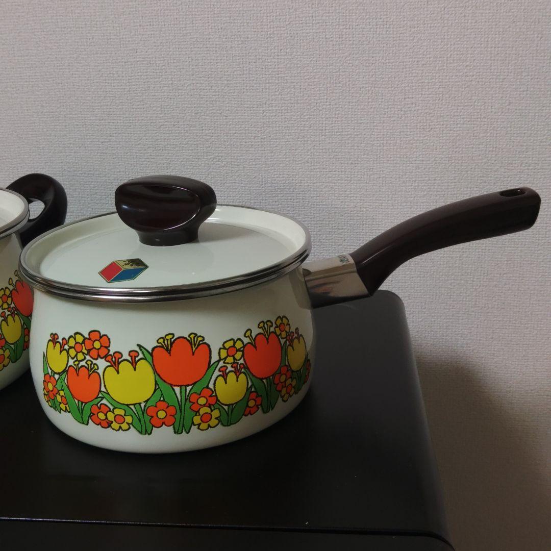 昭和 レトロ ハニーウェア ホーロー鍋 両手鍋 片手鍋 花柄