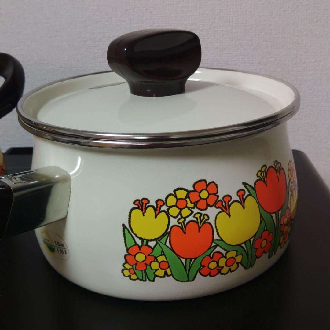 昭和 レトロ ハニーウェア ホーロー鍋 両手鍋 片手鍋 花柄