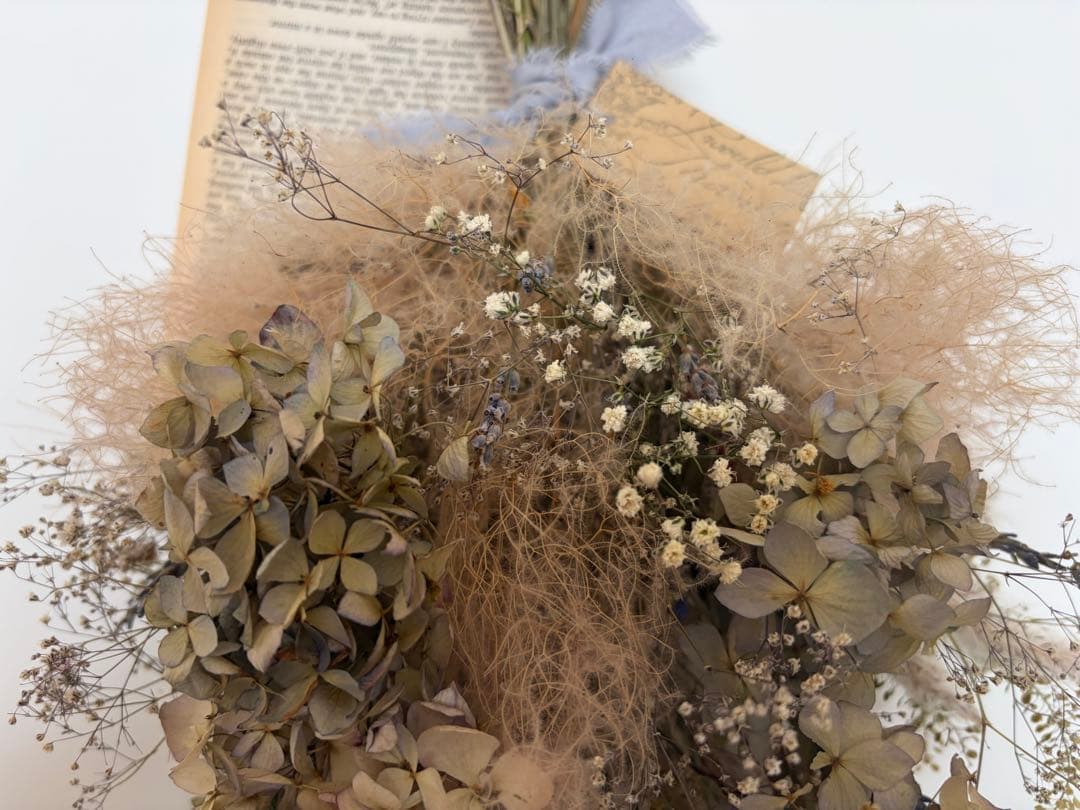 紫陽花とスモークツリーのアンティークスワッグ　ドライフラワースワッグ