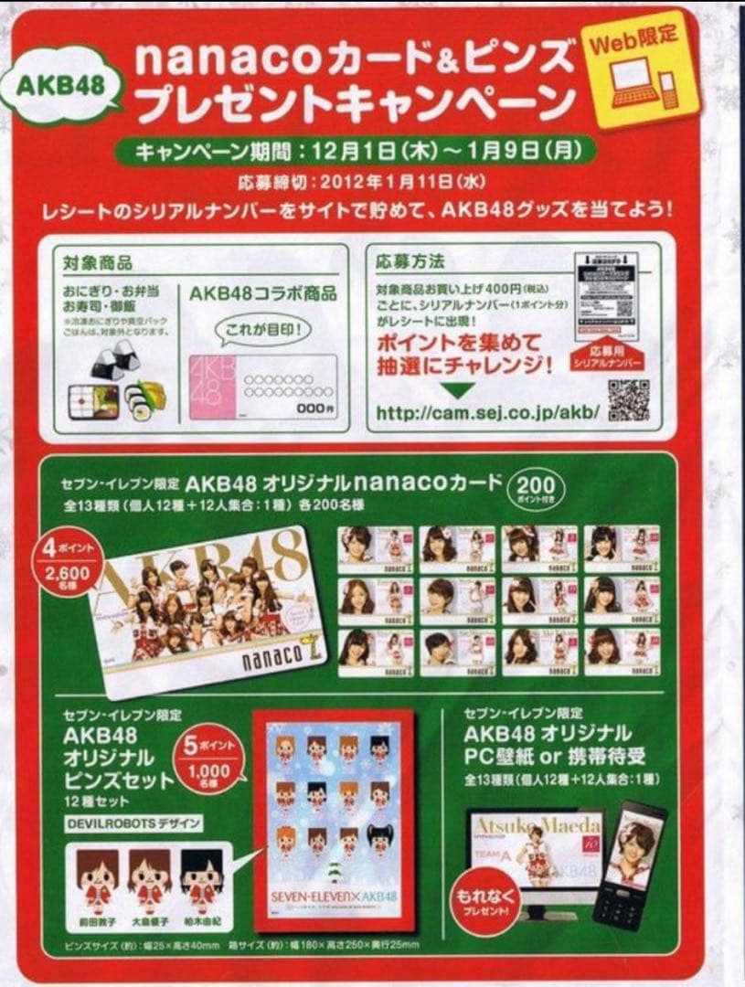 当選品　セブンイレブン　AKB48 キャンペーン　板野友美　nanacoカード