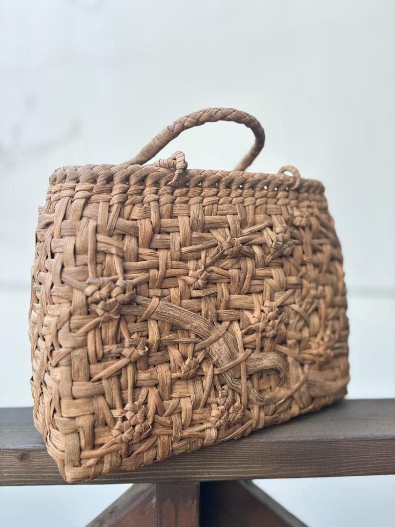 国産山葡萄 山葡萄かごバッグ 手作り 乱れ編み・花編み 内布あり 和服バッグ