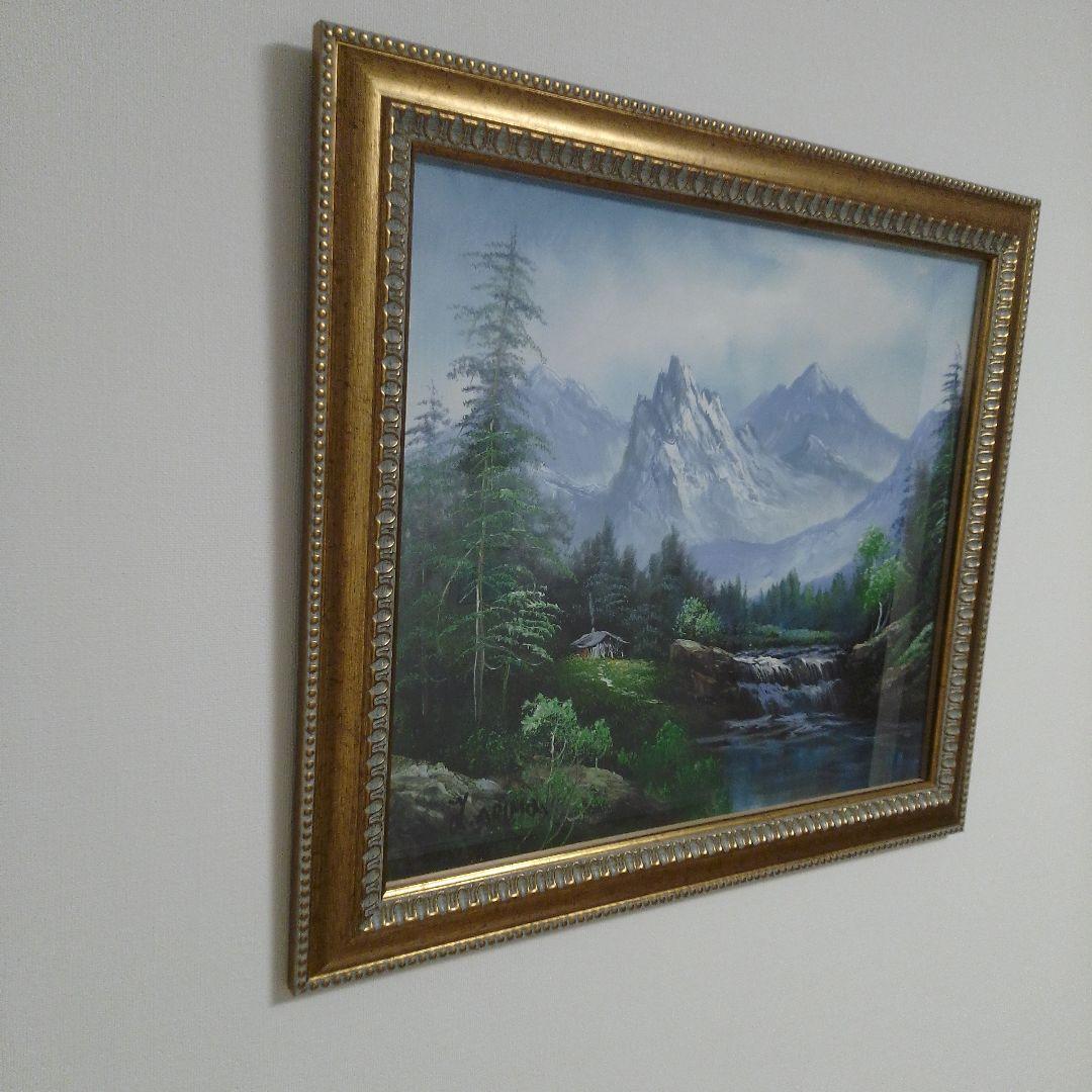 油彩画 山と川の風景　スイス