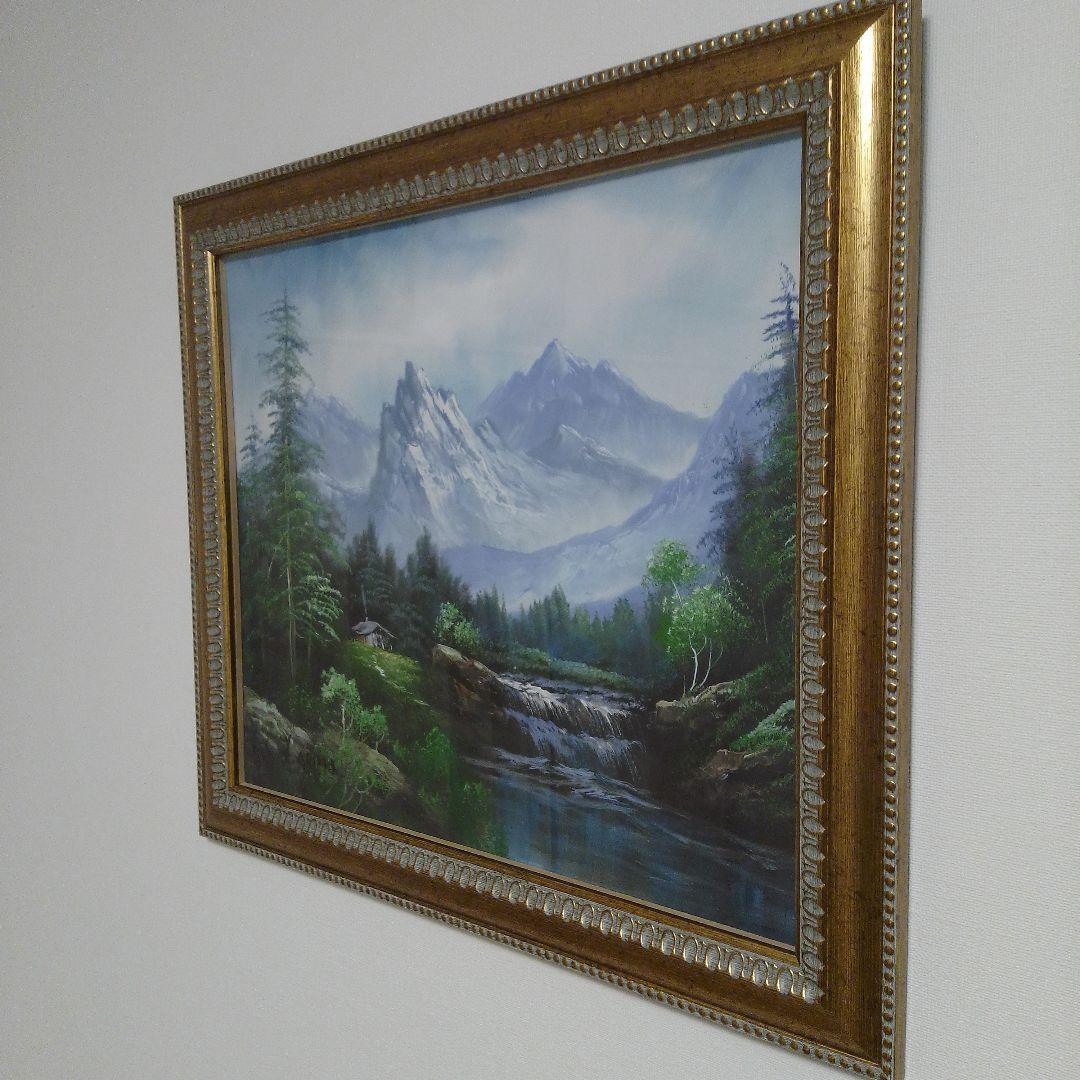 油彩画 山と川の風景　スイス