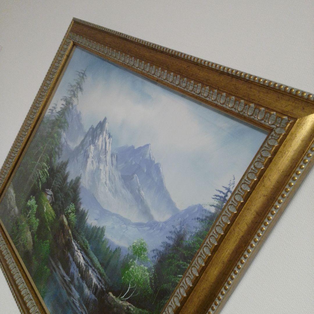 油彩画 山と川の風景　スイス