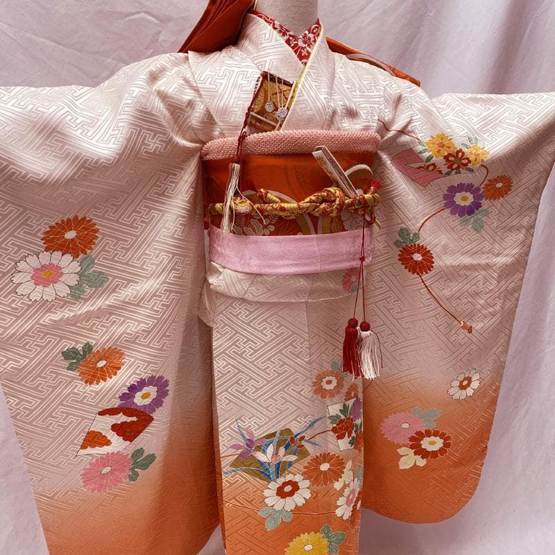 506ag60.小物◎七五三 七歳 女児 着物&袋帯 金彩 菊菖蒲扇 桜色 柿色