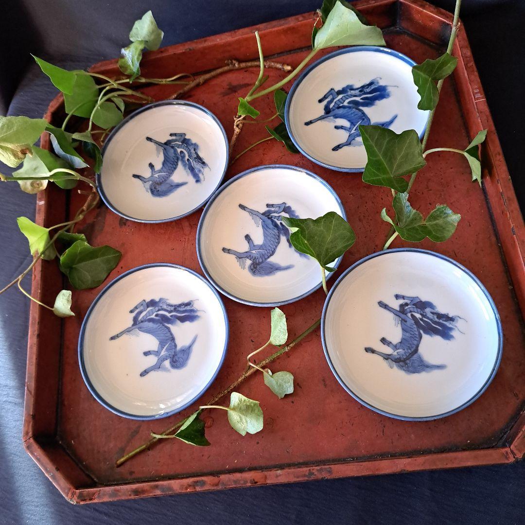 特価！「獅子(しし）の躍動！」 古伊万里染付皿(直径11cm） 5客セット 骨董