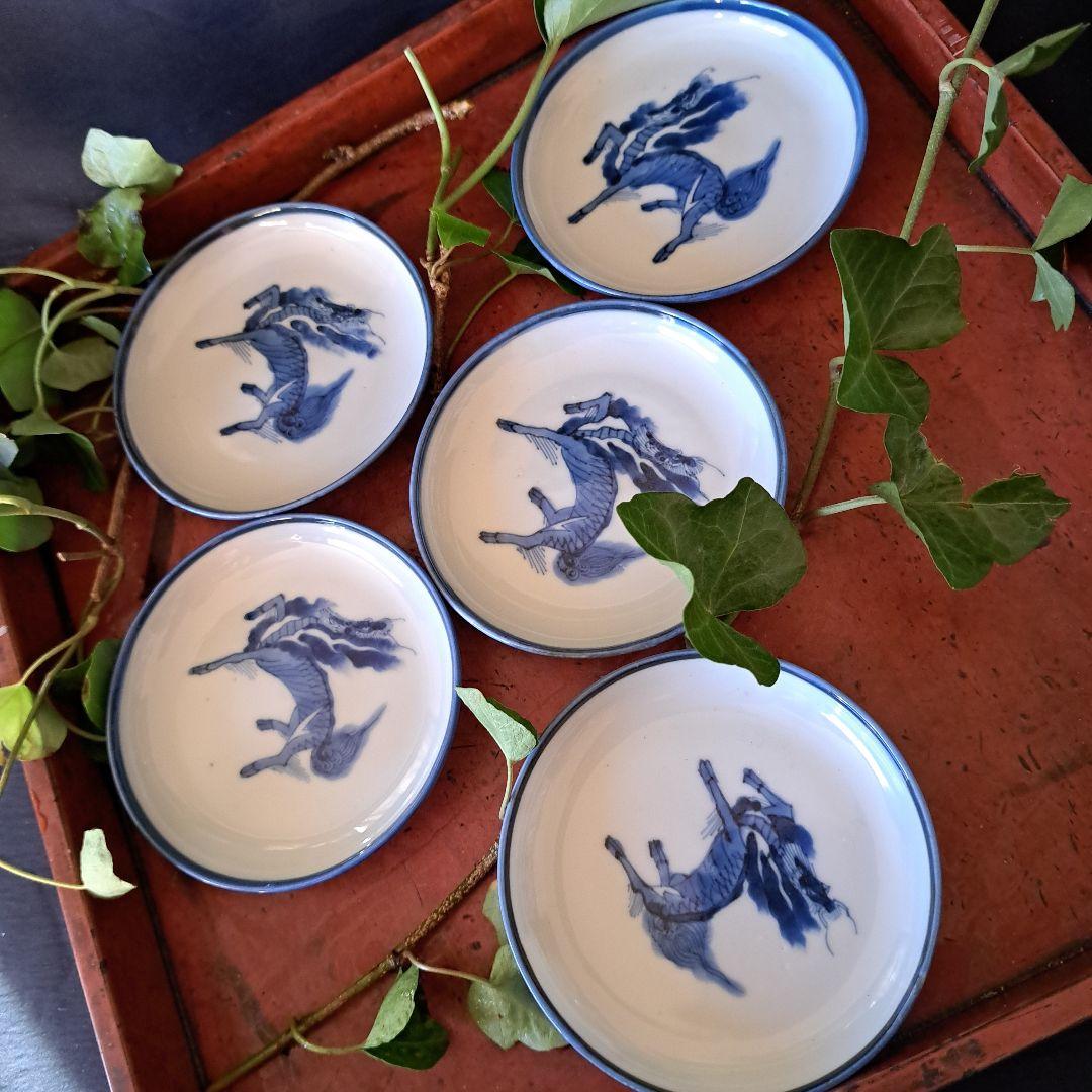 特価！「獅子(しし）の躍動！」 古伊万里染付皿(直径11cm） 5客セット 骨董