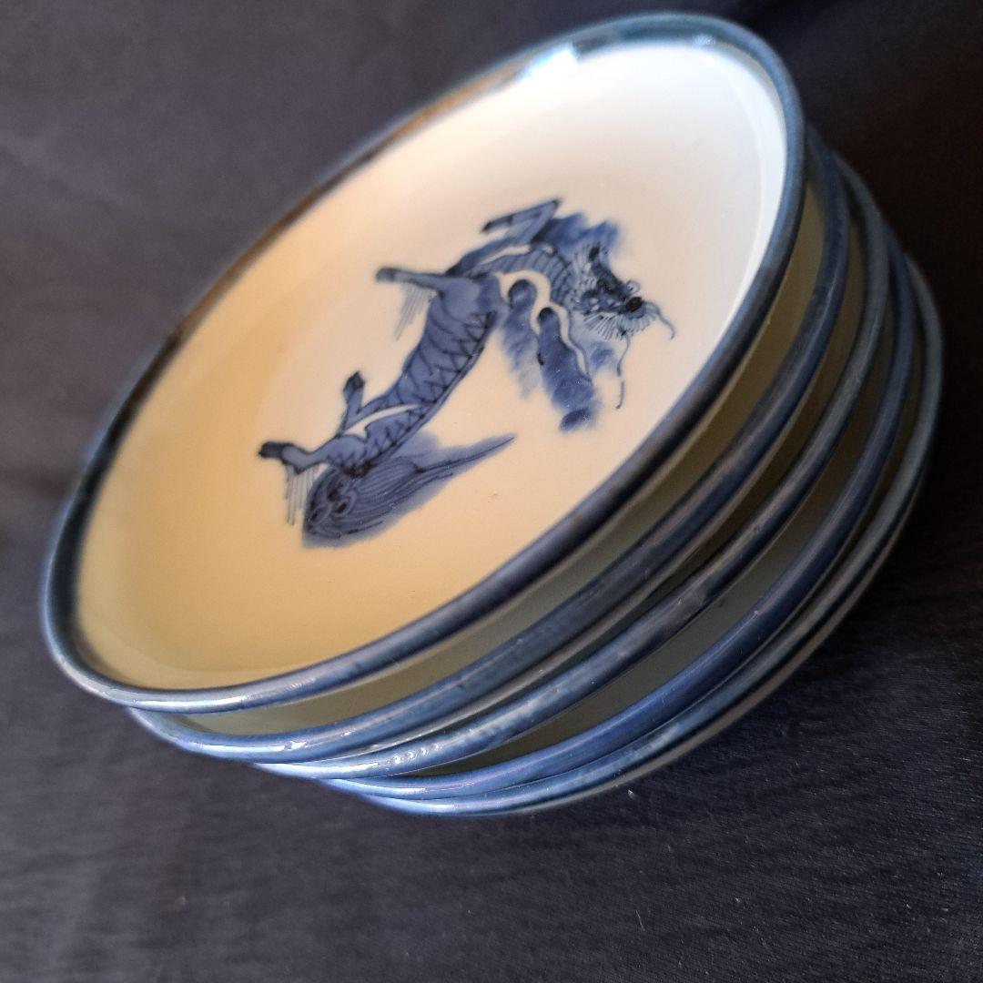 特価！「獅子(しし）の躍動！」 古伊万里染付皿(直径11cm） 5客セット 骨董