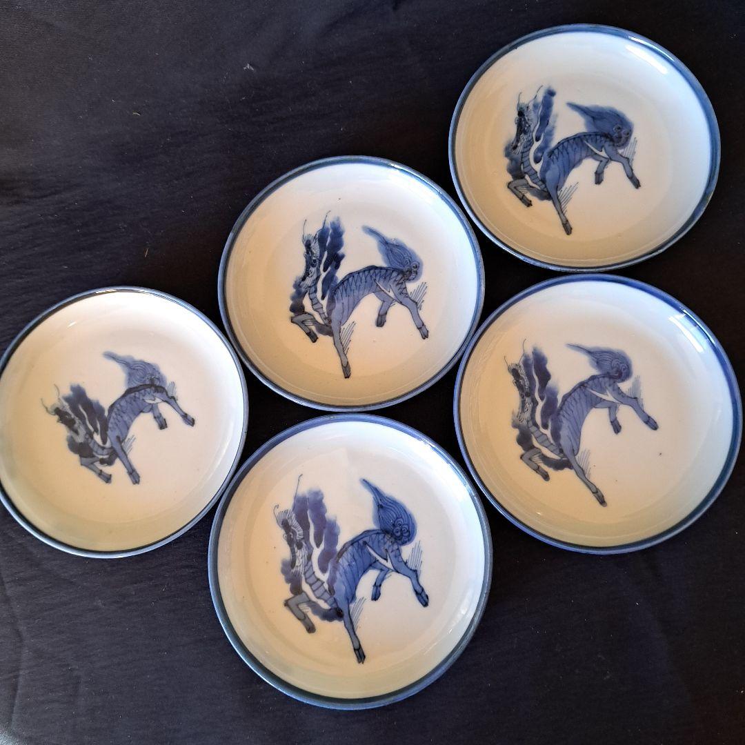 特価！「獅子(しし）の躍動！」 古伊万里染付皿(直径11cm） 5客セット 骨董