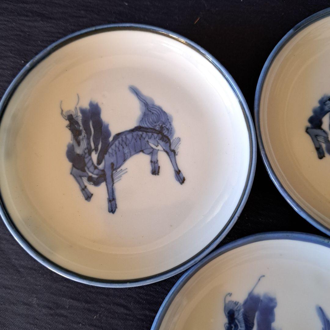 特価！「獅子(しし）の躍動！」 古伊万里染付皿(直径11cm） 5客セット 骨董