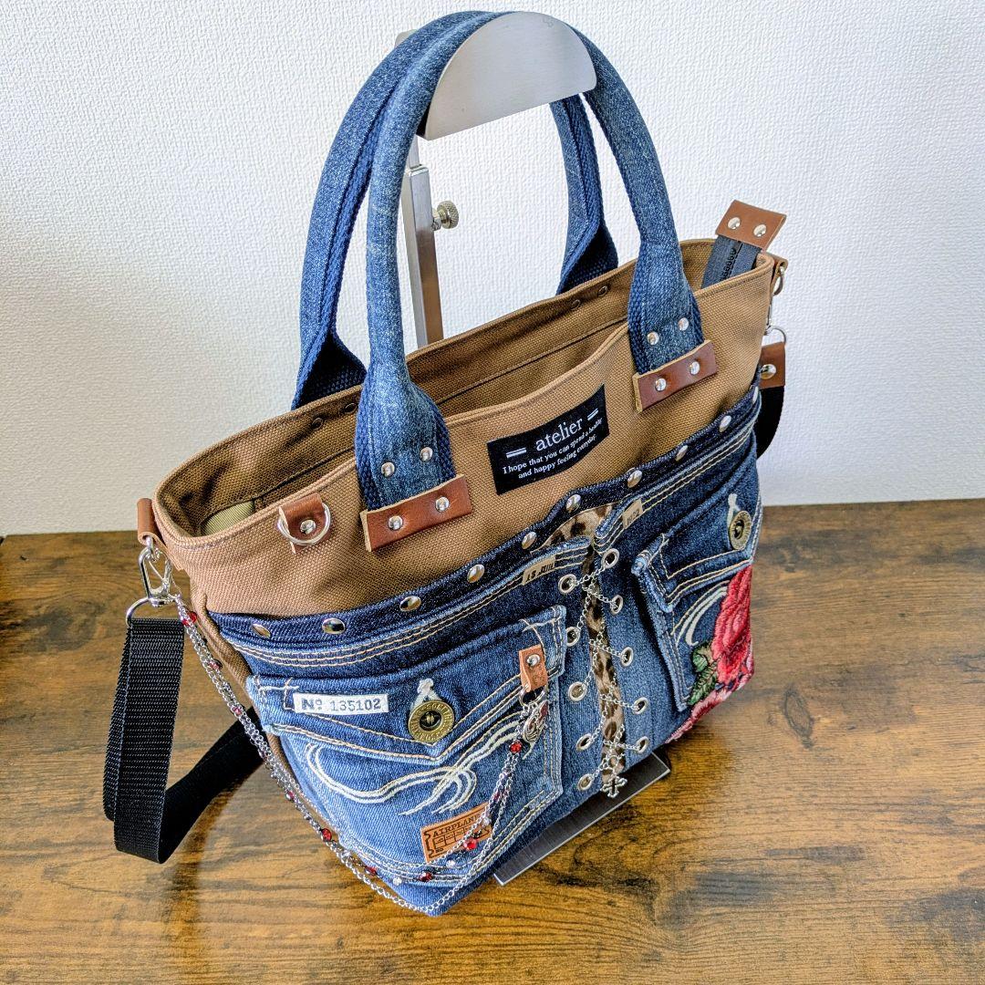 一点物 デニムリメイク2wayバッグ 薔薇×レースアップ ロック