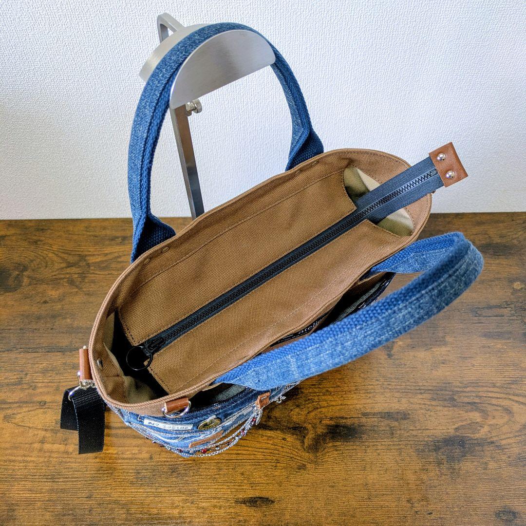 一点物 デニムリメイク2wayバッグ 薔薇×レースアップ ロック