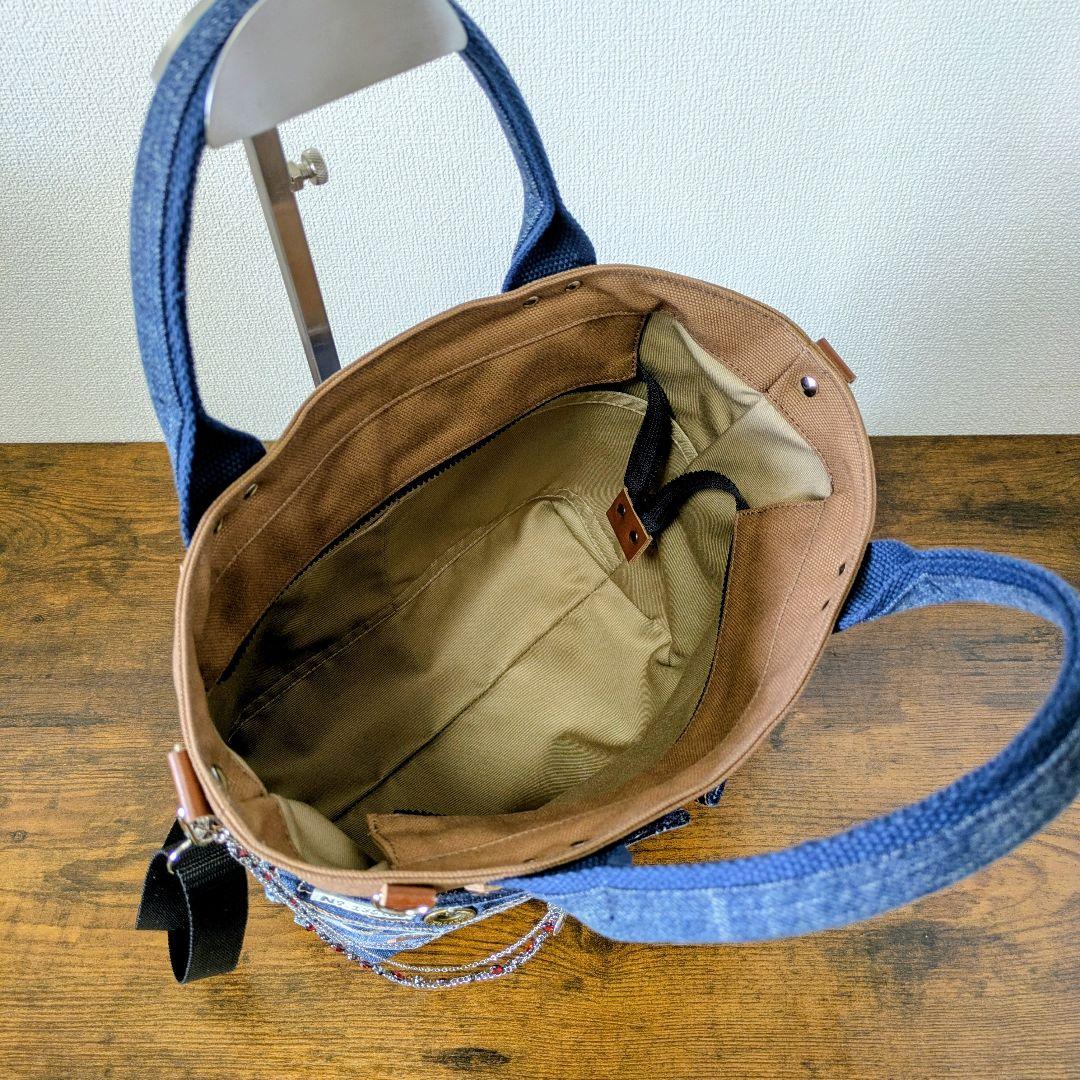 一点物 デニムリメイク2wayバッグ 薔薇×レースアップ ロック