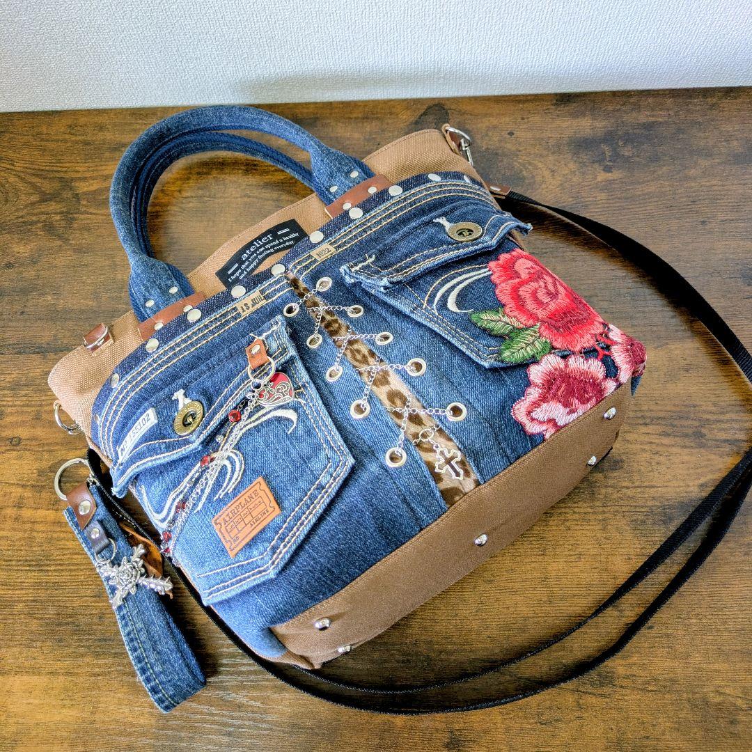 一点物 デニムリメイク2wayバッグ 薔薇×レースアップ ロック