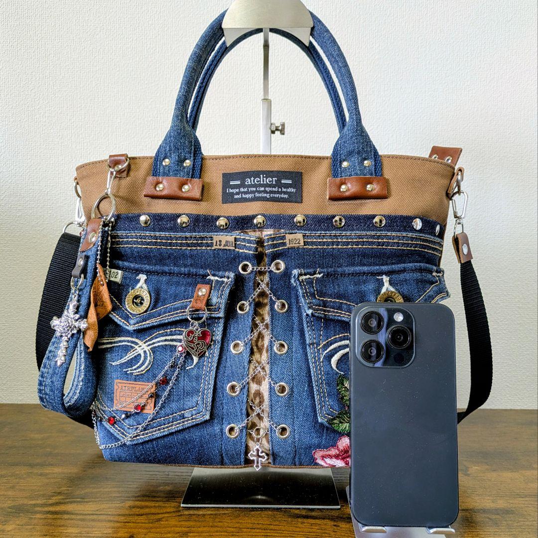 一点物 デニムリメイク2wayバッグ 薔薇×レースアップ ロック
