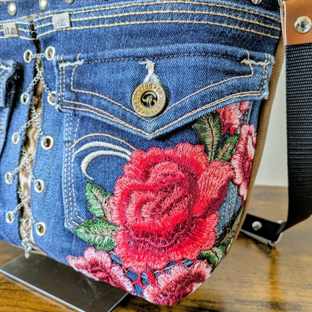 一点物 デニムリメイク2wayバッグ 薔薇×レースアップ ロック