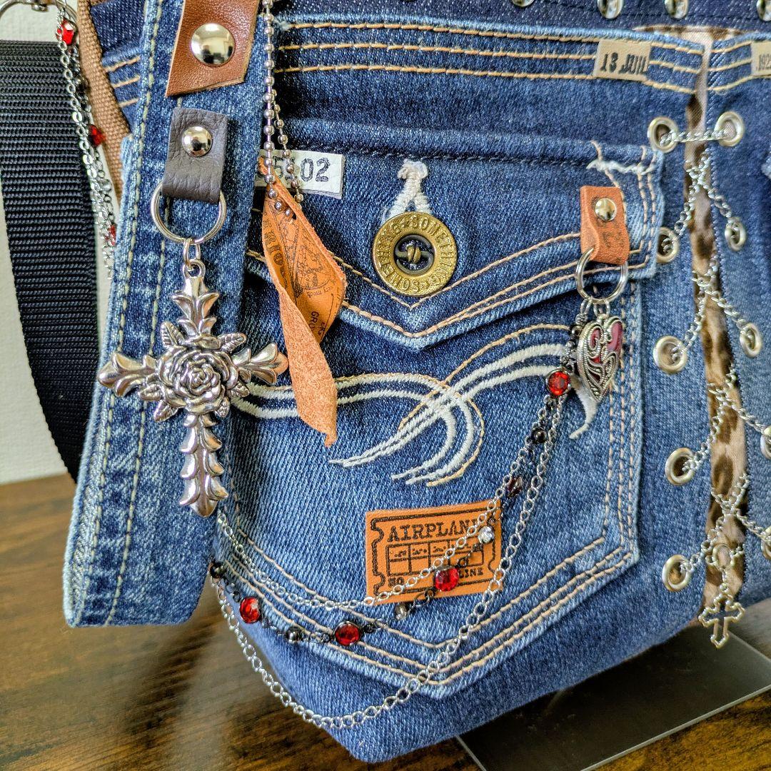 一点物 デニムリメイク2wayバッグ 薔薇×レースアップ ロック
