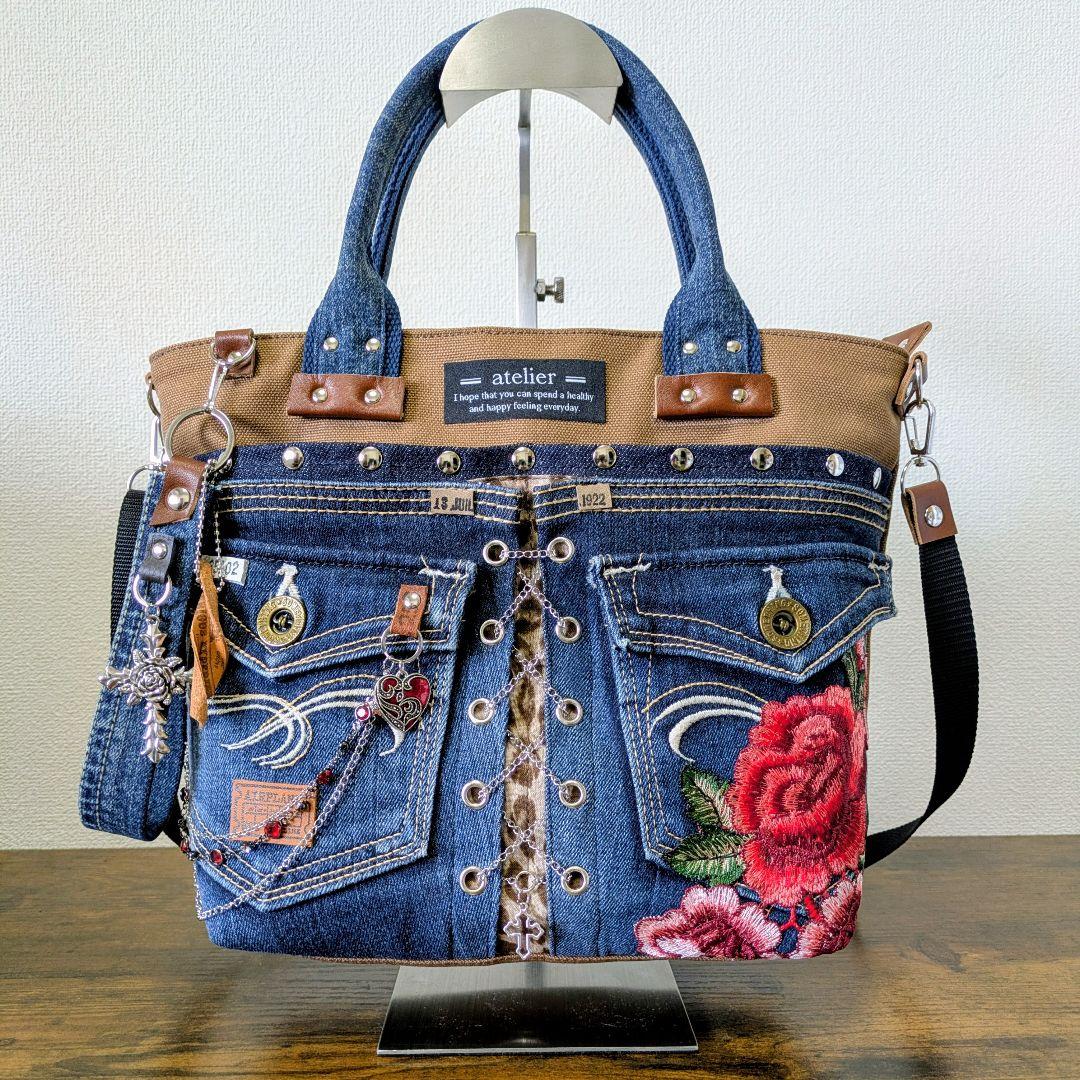 一点物 デニムリメイク2wayバッグ 薔薇×レースアップ ロック