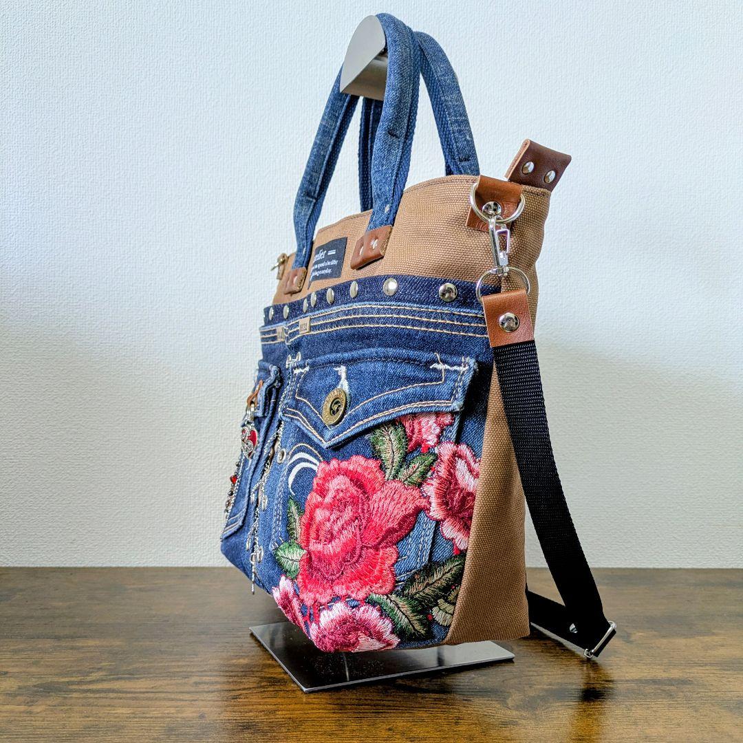 一点物 デニムリメイク2wayバッグ 薔薇×レースアップ ロック
