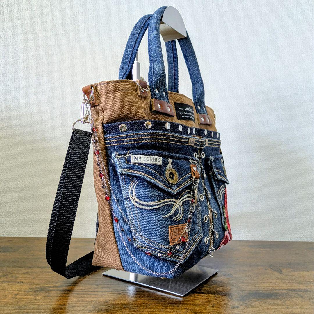 一点物 デニムリメイク2wayバッグ 薔薇×レースアップ ロック