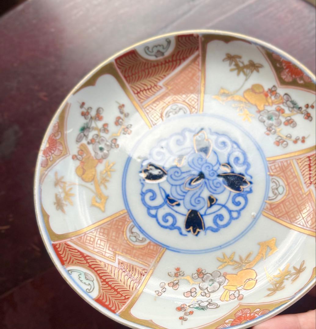 骨董皿　伊万里　唐草花鳥文　金彩色絵皿 色絵皿 2枚