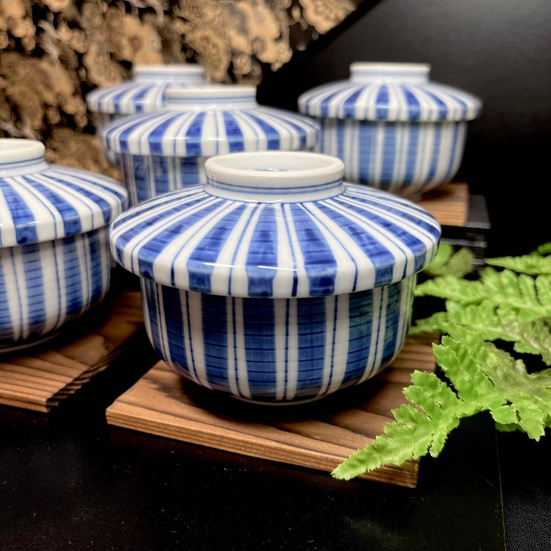 【和柄の趣き】 橘吉 染付 麦藁手 蓋付碗 セット 向付 蓋物 蒸し碗 総手描き