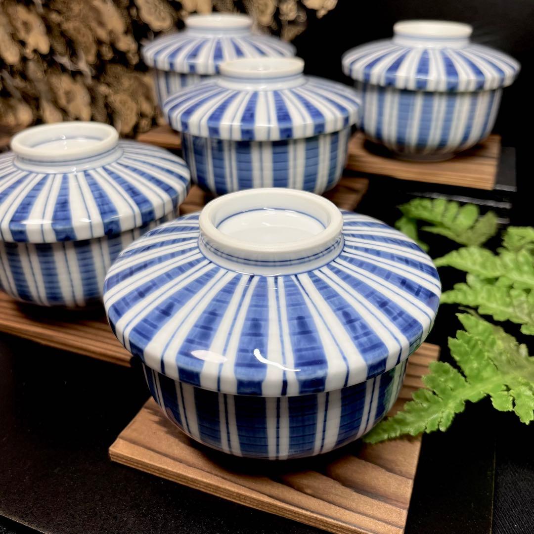 【和柄の趣き】 橘吉 染付 麦藁手 蓋付碗 セット 向付 蓋物 蒸し碗 総手描き