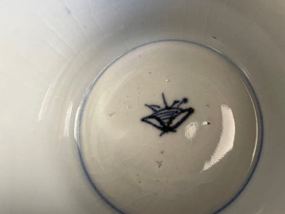 骨董　アンティーク　古伊万里　染付　石畳文様　網目　市松模様　蕎麦猪口　5客