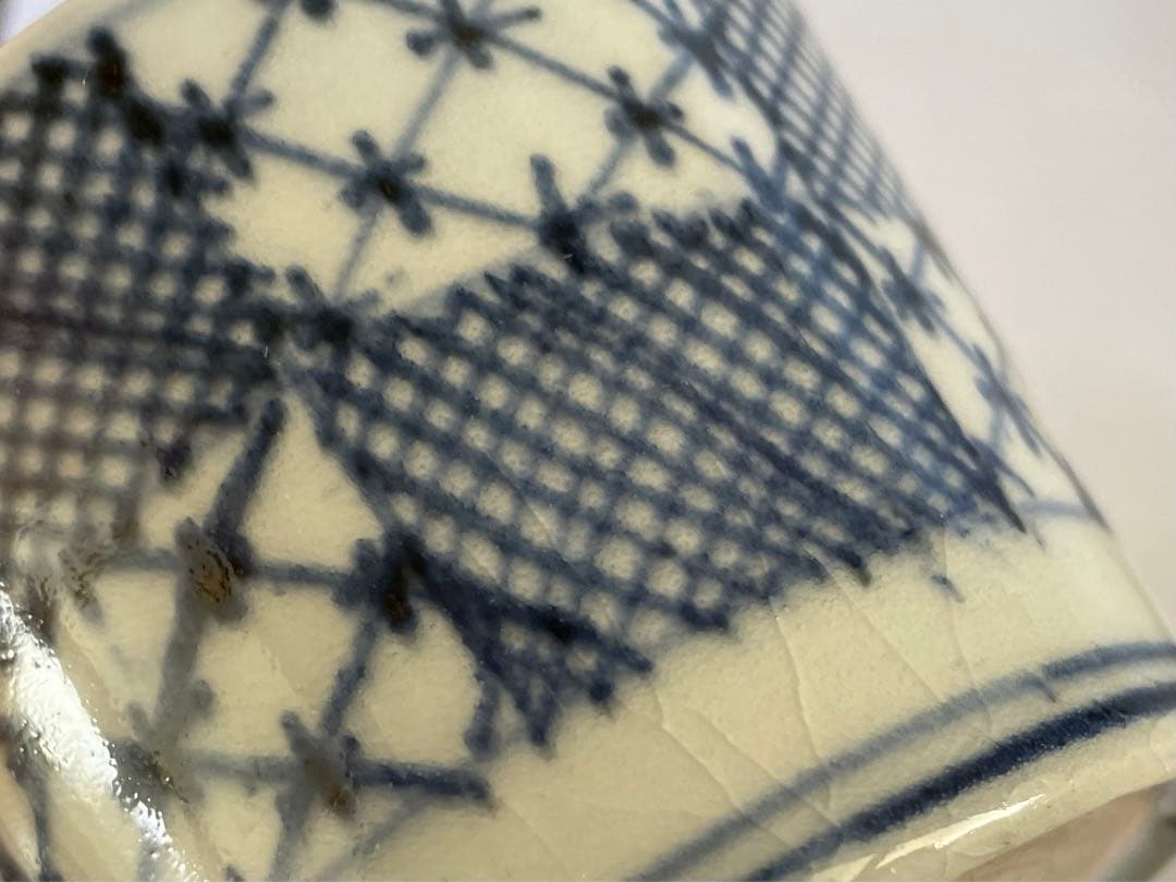 骨董　アンティーク　古伊万里　染付　石畳文様　網目　市松模様　蕎麦猪口　5客