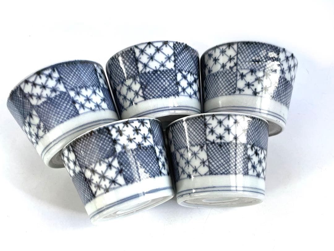 骨董　アンティーク　古伊万里　染付　石畳文様　網目　市松模様　蕎麦猪口　5客