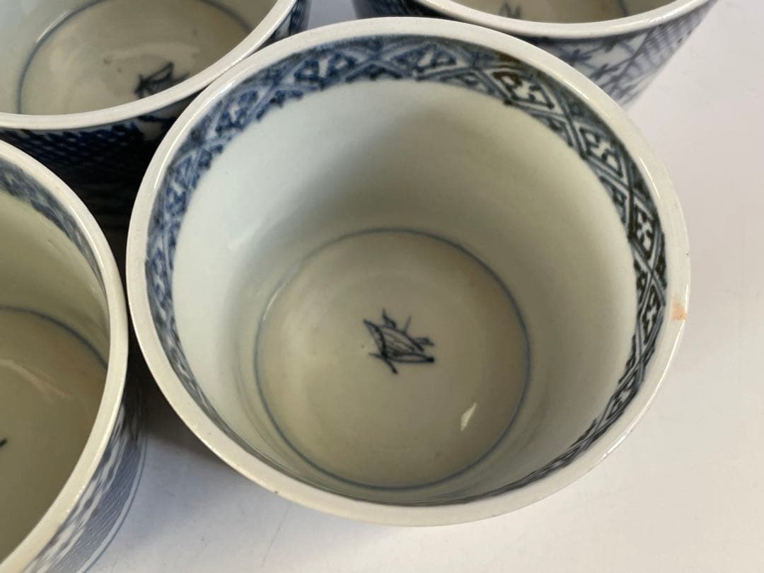 骨董　アンティーク　古伊万里　染付　石畳文様　網目　市松模様　蕎麦猪口　5客