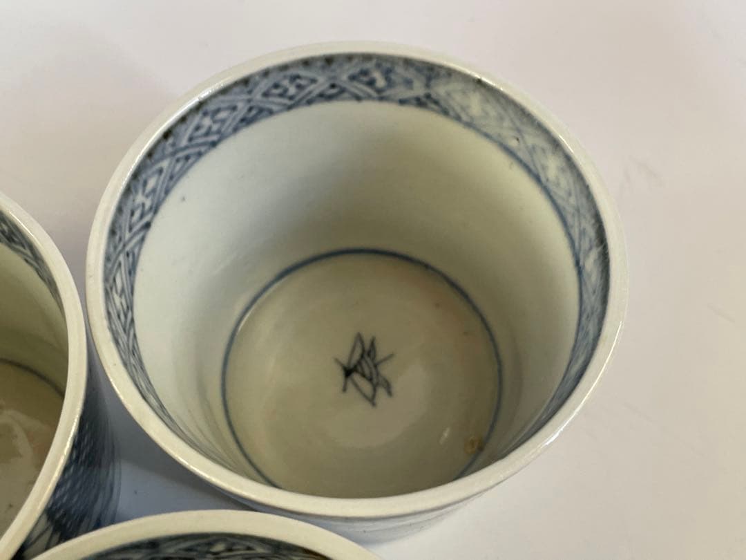 骨董　アンティーク　古伊万里　染付　石畳文様　網目　市松模様　蕎麦猪口　5客
