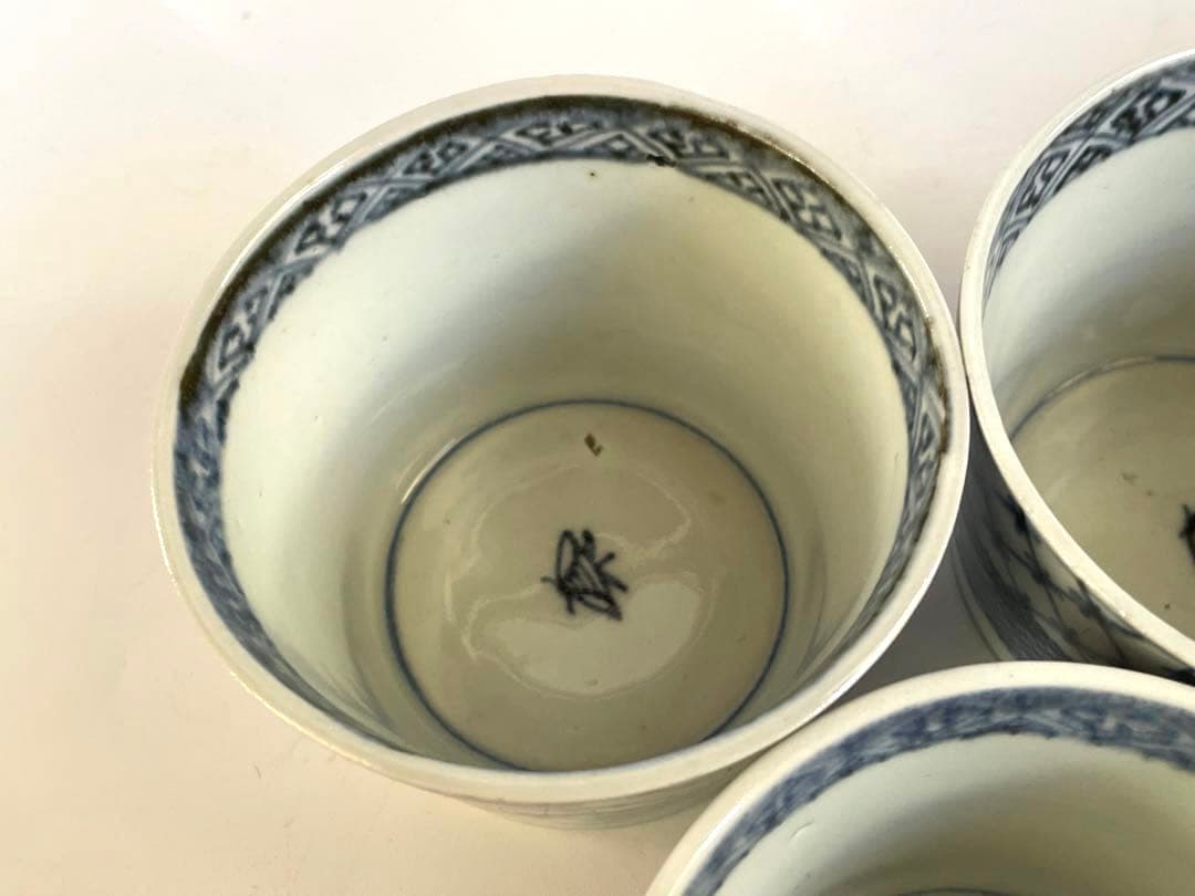 骨董　アンティーク　古伊万里　染付　石畳文様　網目　市松模様　蕎麦猪口　5客