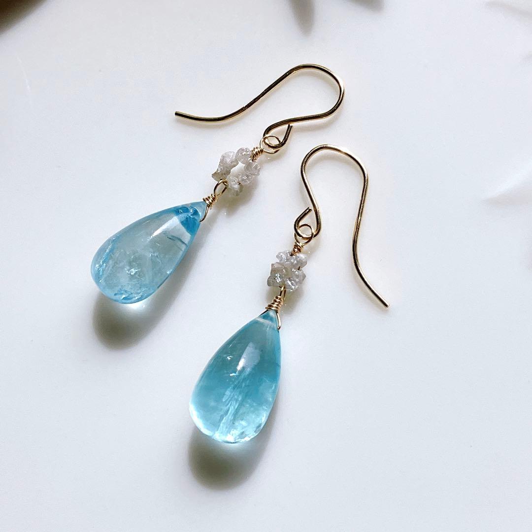 t ama◆オールドストック 大粒アクアマリンピアス✧ホワイトダイヤモンド
